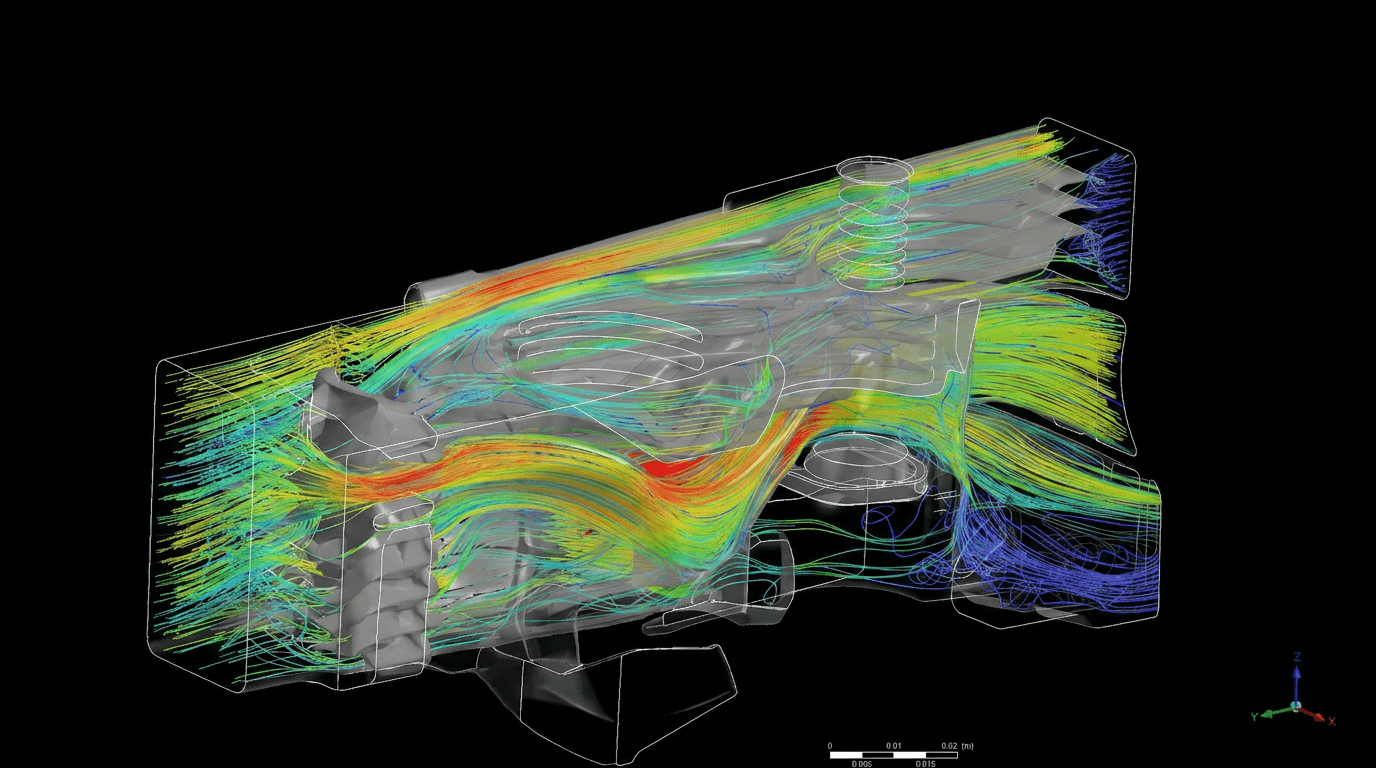 CFD simulation of coolant flow through the REEN cylinder head, colour-mapped by velocity